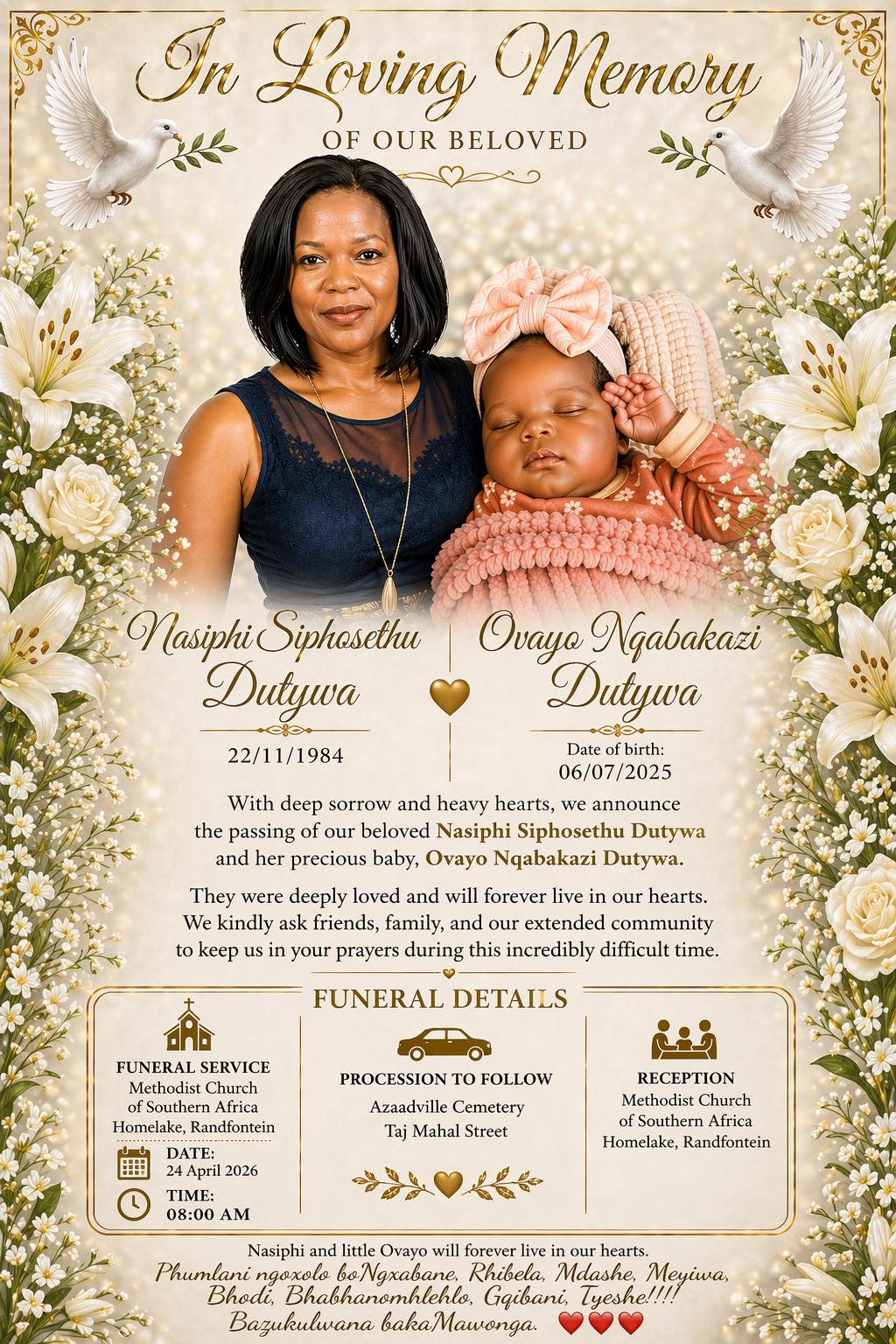 Nasiphi Dutywa and Baby Ovayo Obituary Soweto Johannesburg Death – Funeral Arrangement and Visitation